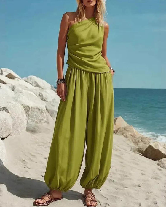 Set Haut Tank Top Une Épaule Taille Haute Pantalon