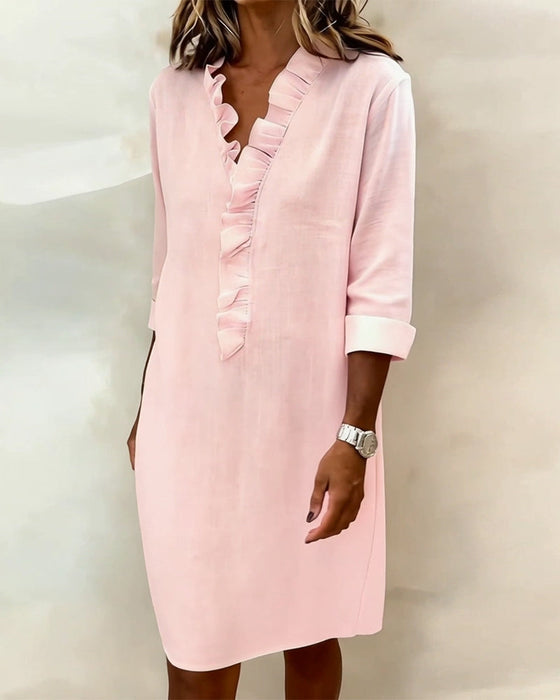 Robe À Volants Col V Unie