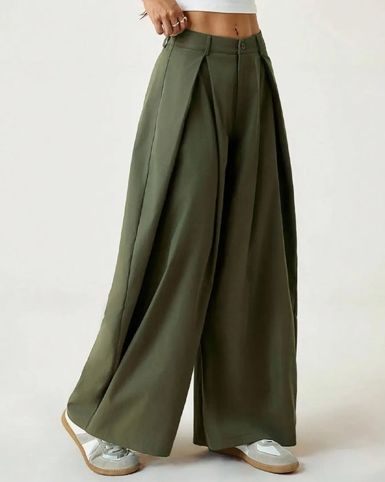 Pantalon Taille Haute Plissé Jambe Large Décontracté