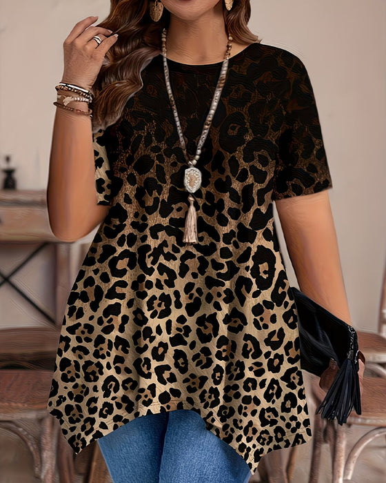 T-Shirt Dégradé Léopard Imprimé Asymétrique