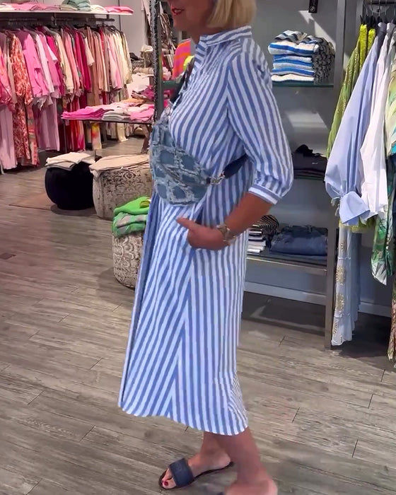 Robe boutonnée à revers et imprimé rayé