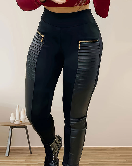 Pantalon Taille Haute Fermeture Éclair Cuir