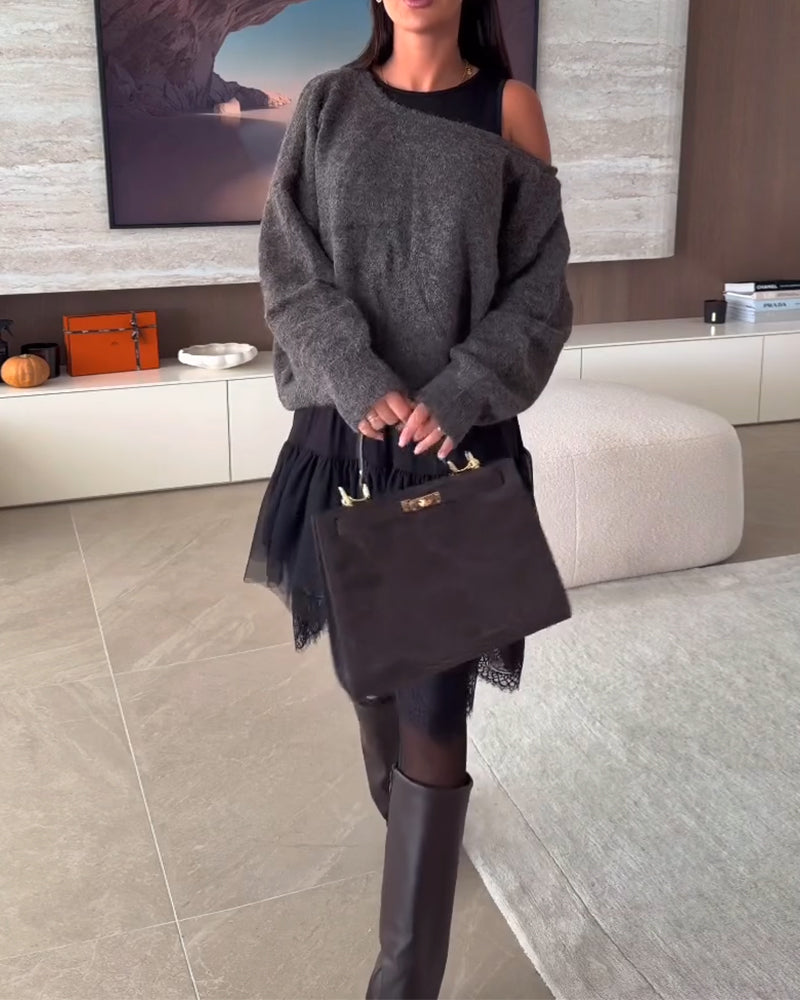 Décolleté Épaules Nues Loose Pull & Ourlet Dentelle Robe