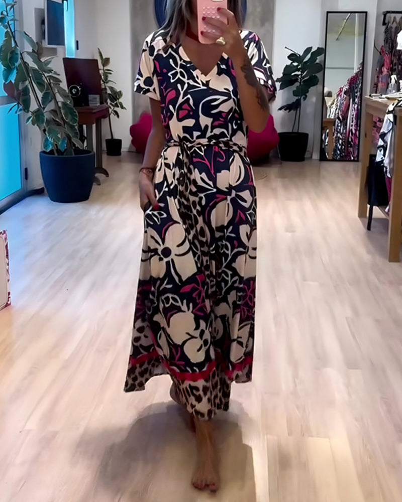 Robe Encolure V Ceinture Nouée Vacances