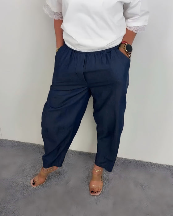 Pantalon Élégant Poche Denim Long