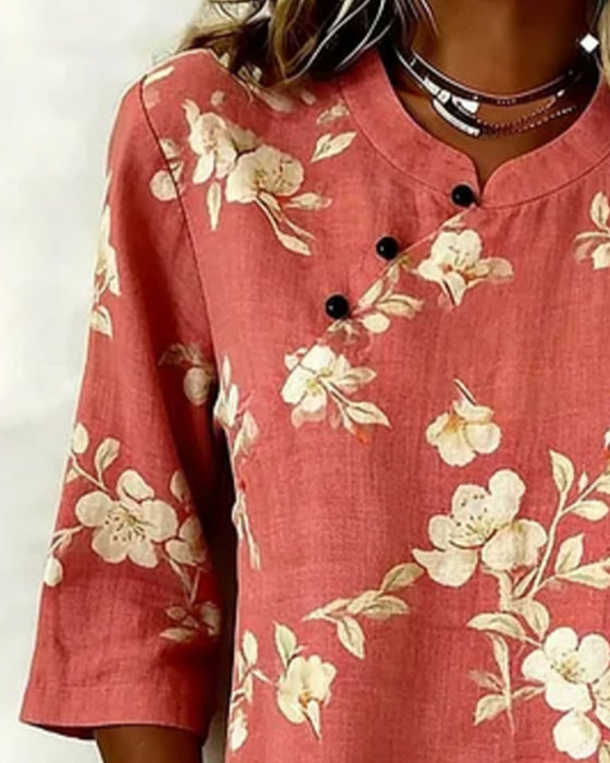 Blouse Imprimé Fleur Bouton Latéral Manche 3/4