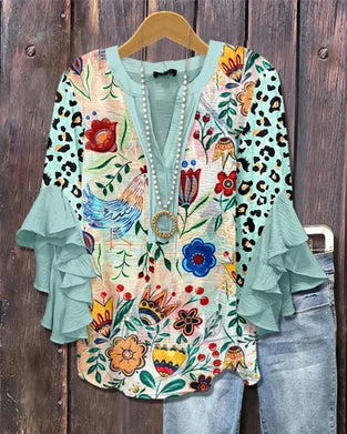 Blouse Léopard Imprimé Floral Manche Volantée
