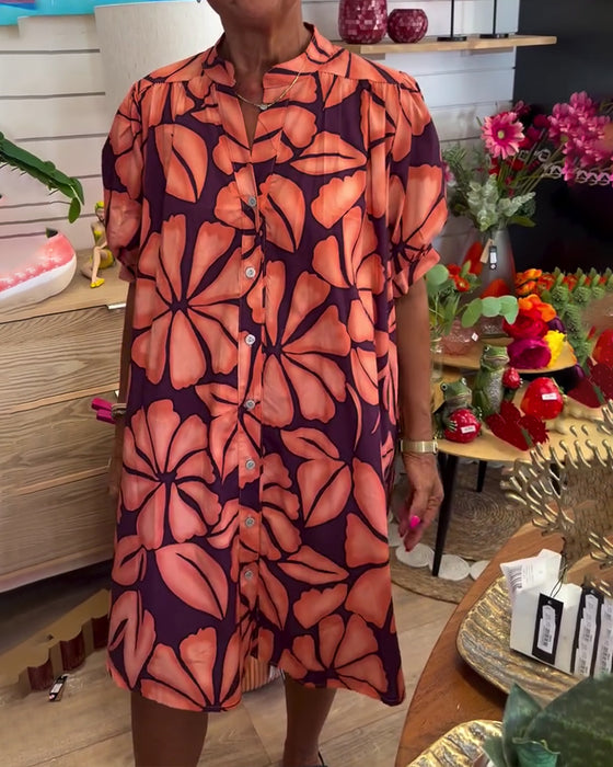 Robe Manches Ballon Fleurie Col Montant Chemise