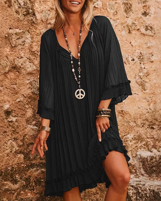 Robe À Col V Avec Volants Et Manches Trois-Quarts