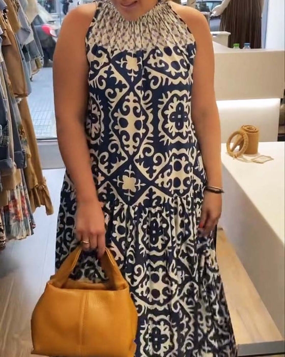 Robe Sans Manches Col Rond Froncée Jupe Ample
