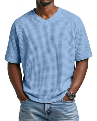 T-Shirt À Col En V En Texture Gaufrée Pour Homme, Haut Décontracté À Manches Courtes Uni