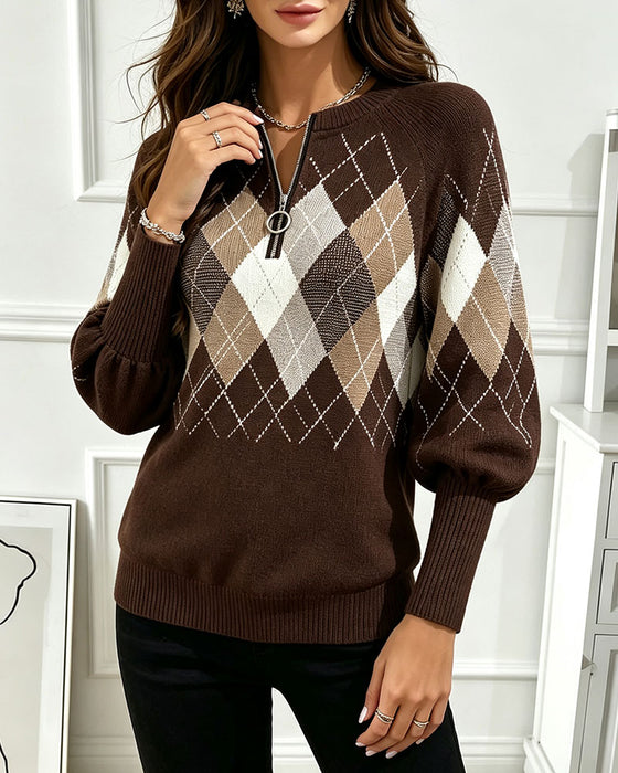 Pull À Carreaux Jacquard Demi-Zip Manches Lanterne