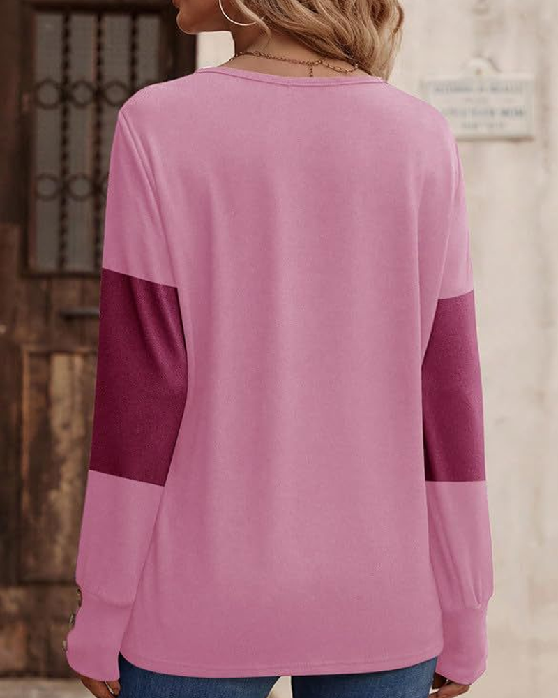 T-Shirt Femme Imprimé Colorblock Bouton Décor Épaule Tombée