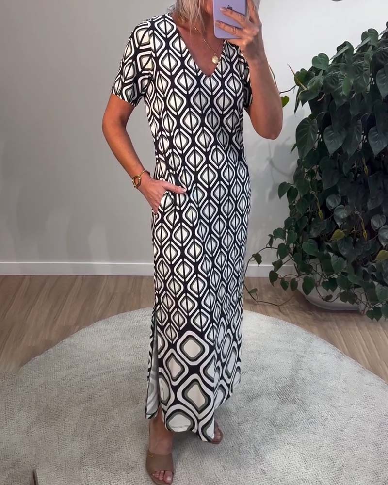 Robe Col V Géométrique Manches Courtes