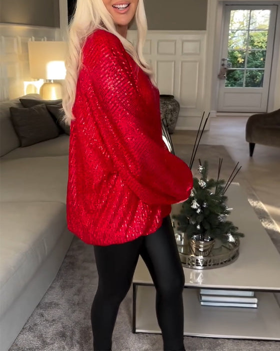 Haut à paillettes à manches ballon et col rond