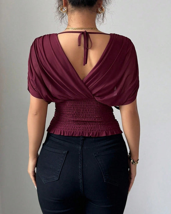 Blouse Unie Profond Col En V Taille Manches Courtes