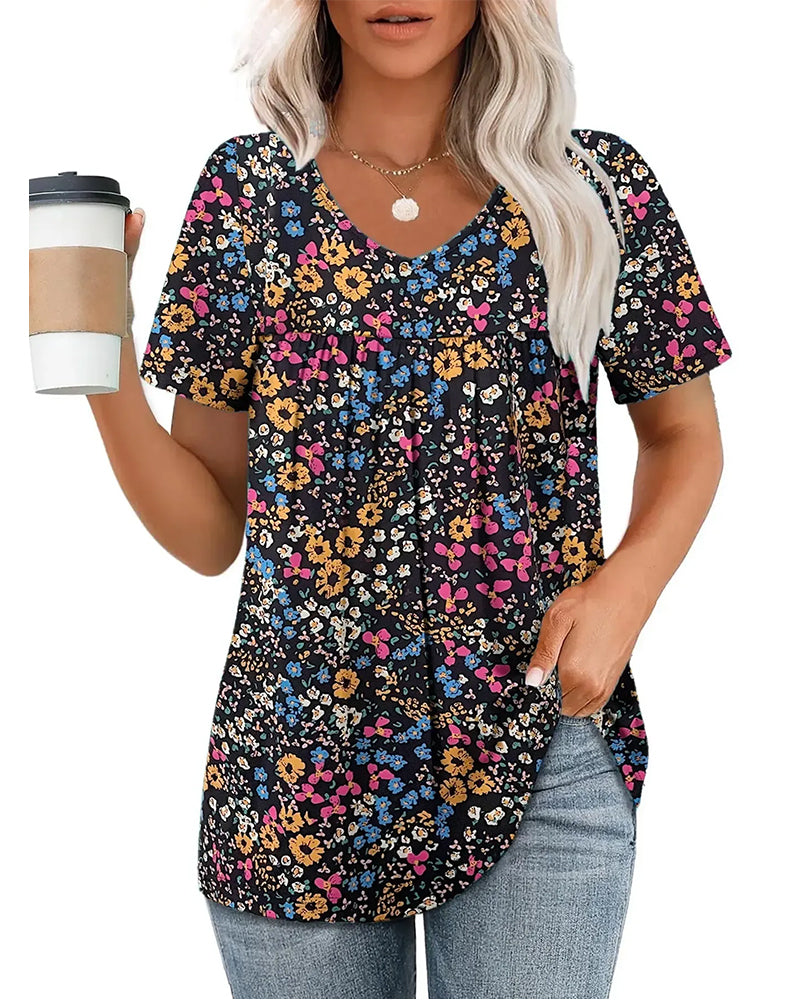 Blouse Fleurie Col V Manches Courtes