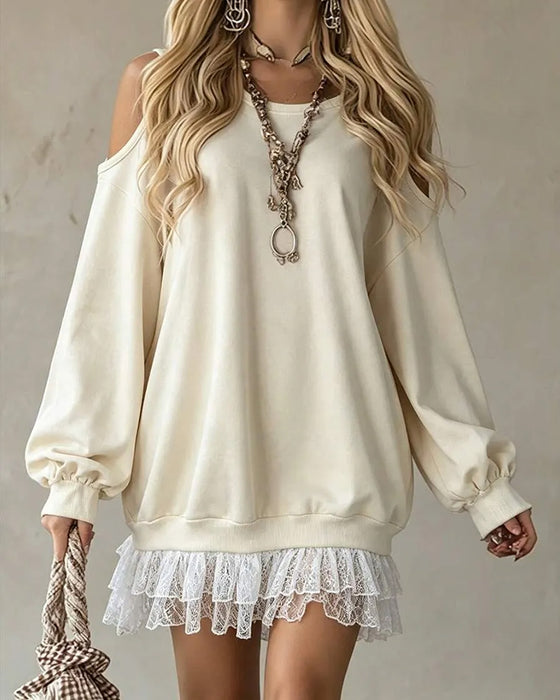 Robe Cold Shoulder Manche Lanterne Dentelle Patchwork