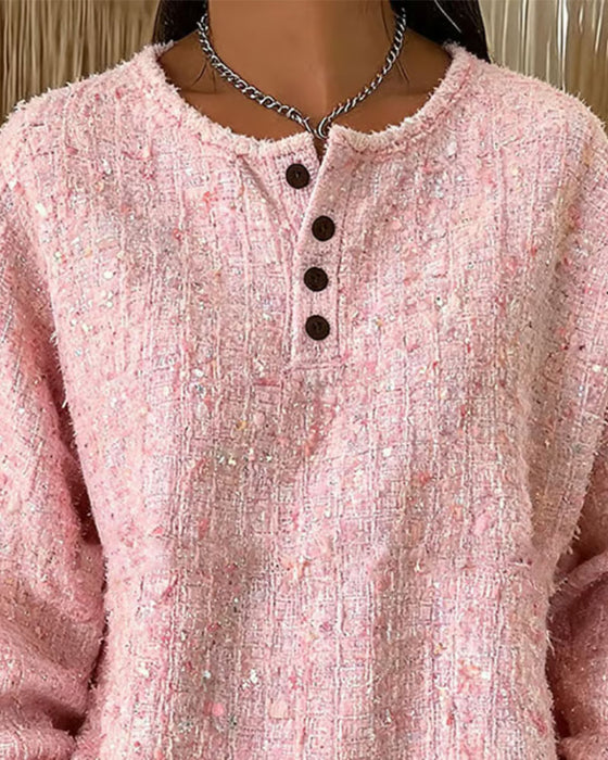 Sweatshirt Tweed Col Henley Boutonnage