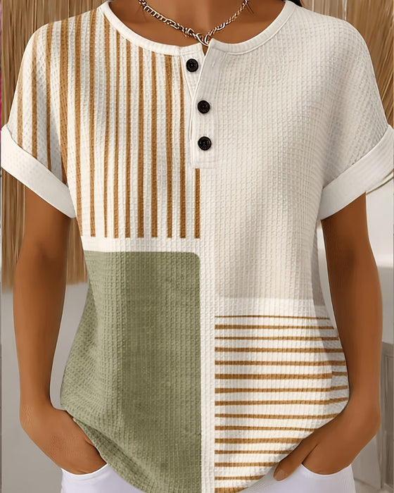Blouse À Col Rond, Boutons, Rayures, Couleurs Contrastées