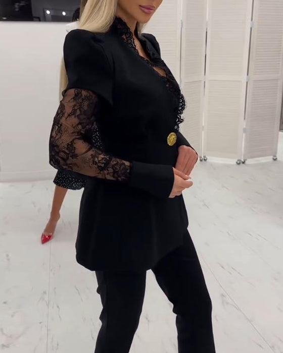 Blazer Avec Détail de Panneau de Dentelle, Coupe Structurée Et Ambiance Élégante