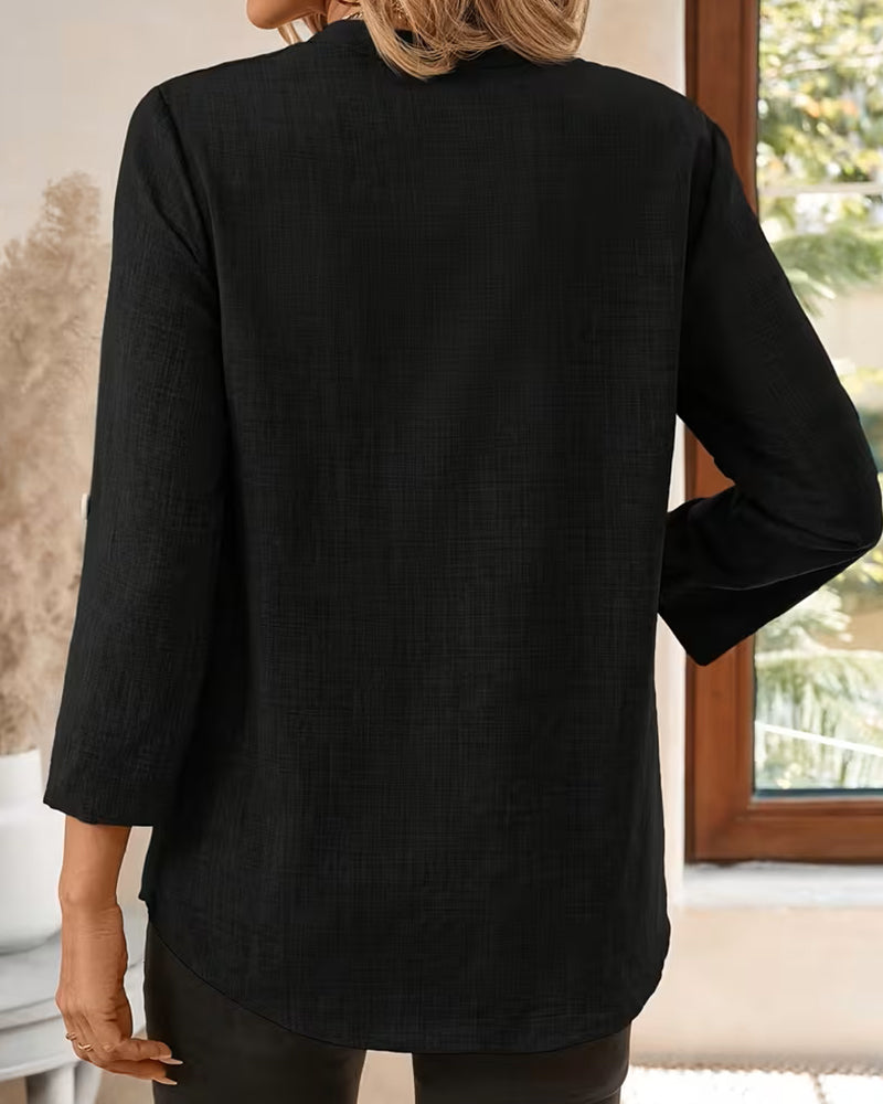 Blouse Col V Uni Manches Longues Poche