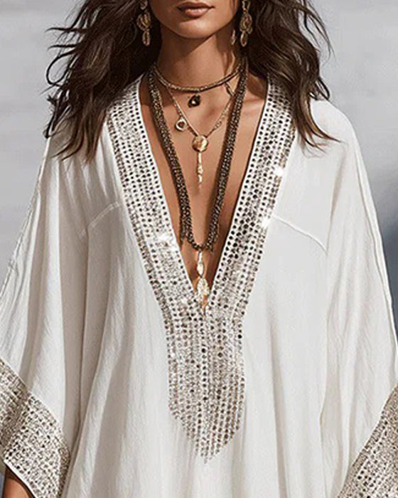 Robe Col En V Profond Vacances Mode Coupe Loose
