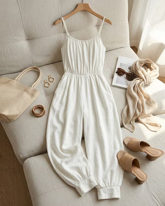 Jumpsuit Bretelle Spaghetti Plissé Cintré Jambe Large