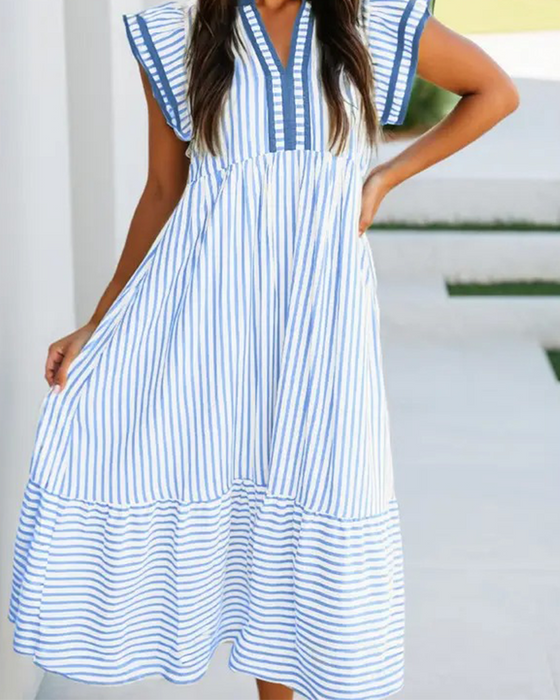 Robe Rayée Double Volant Manches Courtes