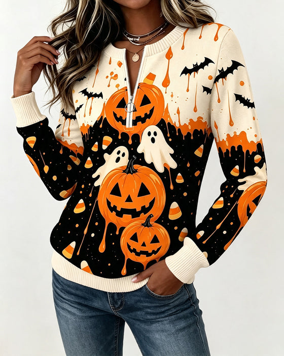 Sweatshirts Fermeture Éclair Manche Longue Imprimé Citrouille