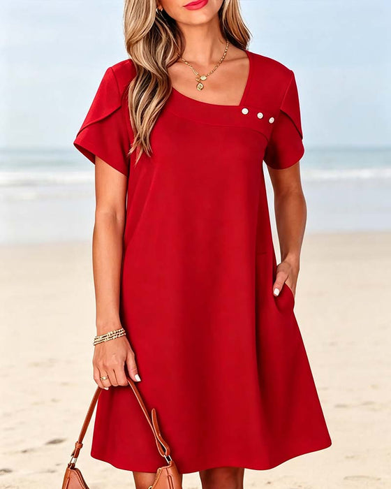Robe Col Asymétrique Bouton Manche Courte Unie