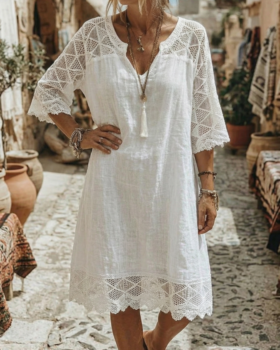Robe Col V Dentelle Patchwork Décontractée