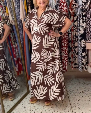 Robe Imprimé Feuillage Botanique Manches Courtes Revers