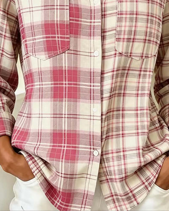 Chemise À Carreaux Bloc De Couleur Manches Longues
