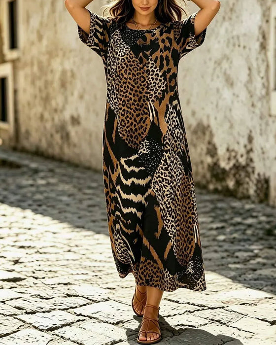 Robe Col Rond Manche Mi-Longue Léopard Imprimé Évasé