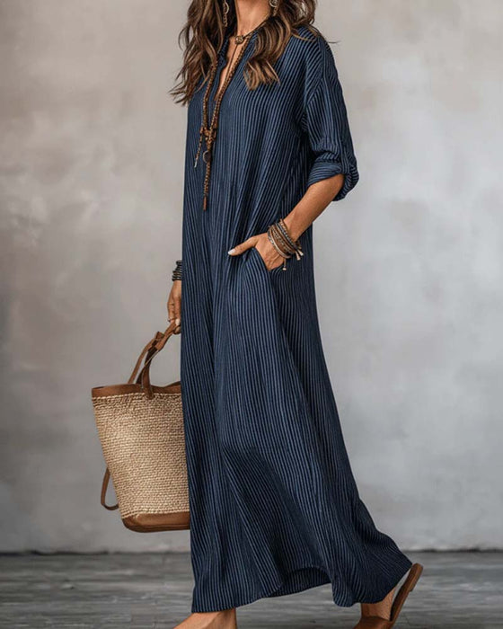 Robe Col En V Rayée Col Mock