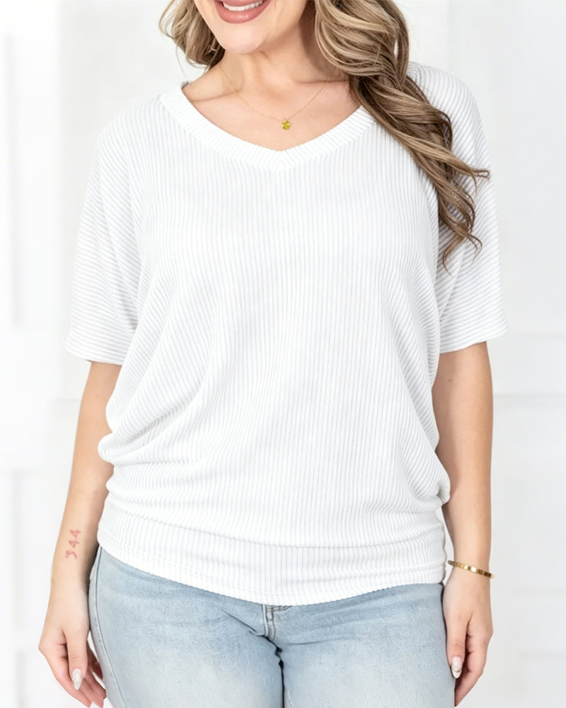 T-Shirt Rayure Verticale Col V Manche Courte