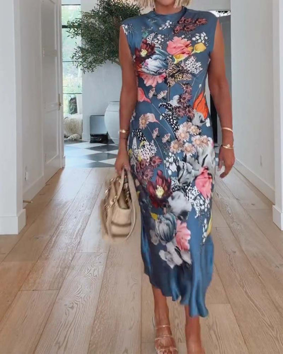 Robe Col Haut Sans Manches Florale Ajustée