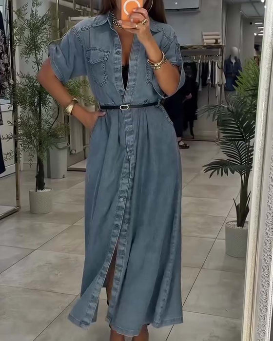 Robe Col Chemise Poche Bouton Denim