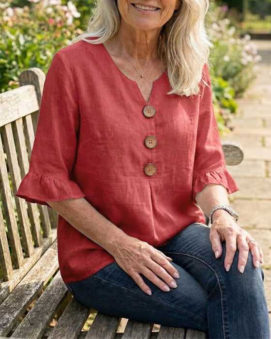 Blouses Unies Coton-Lin Boutons En Bois Volants