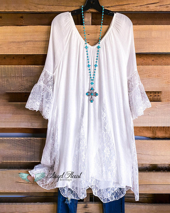 Robe Dentelle Patchwork Col V Élégante