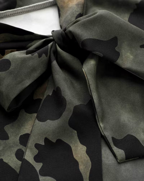 Blouse Camouflage Léopard Imprimé Foulard Attacher Manches Ballon