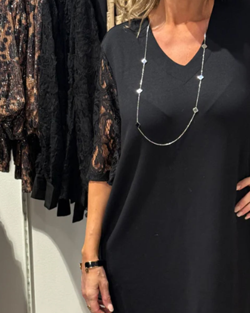 Robe Élégante Col V Robe À Manches En Dentelle