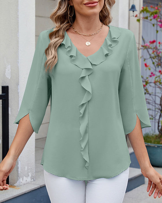 Blouse Manches Mi-Longues À Volants Couleur Unie Décontractée