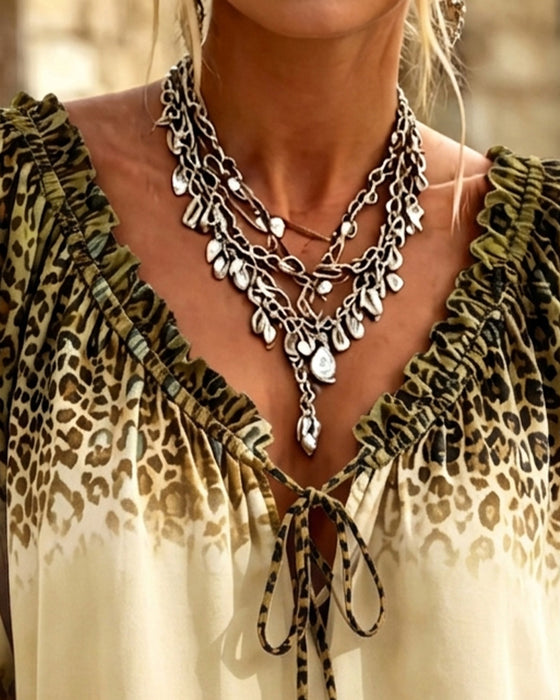 Blouse Col-V Imprimé Léopard Lacets