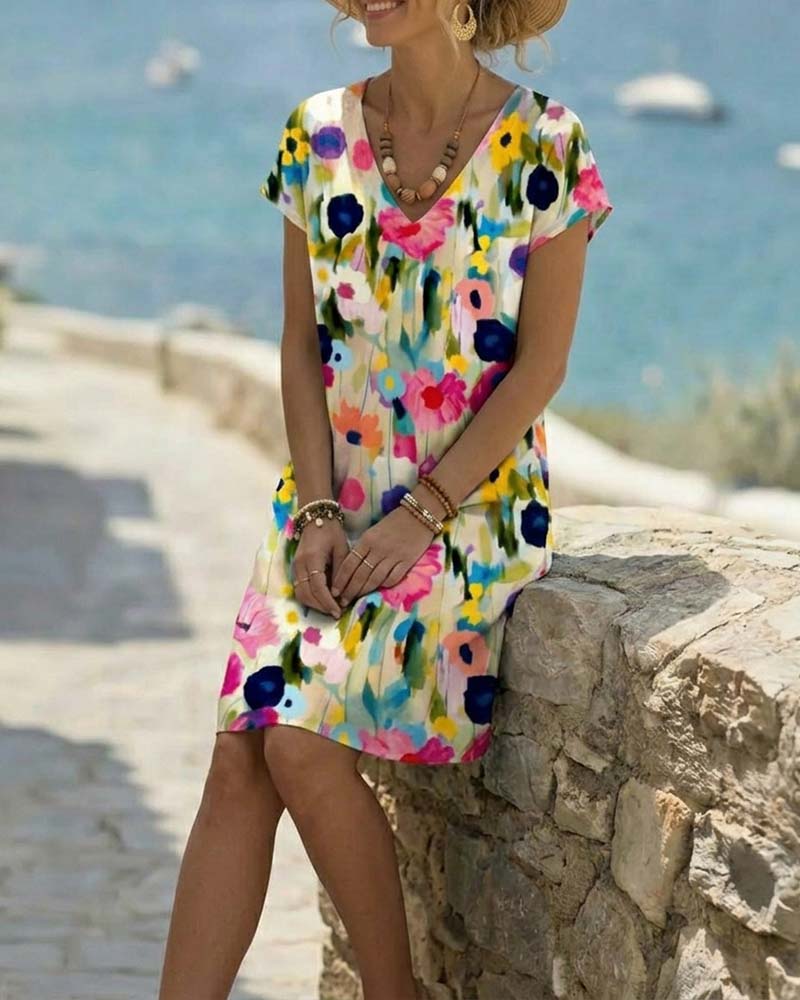 Robe Peinture À L'huile Imprimé Floral Manches Courtes