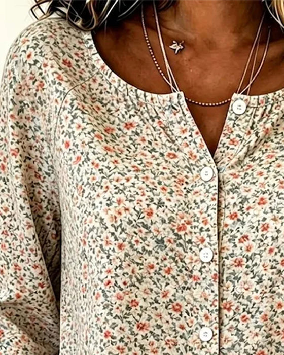 Chemisiers Col Rond Bouton Floral Manche Trois Quarts