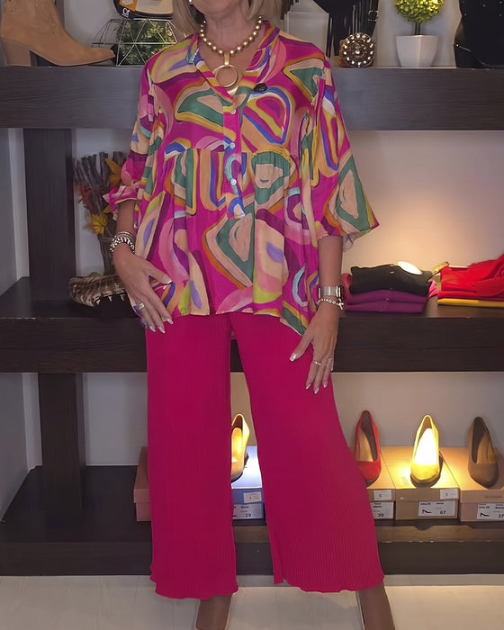 Blouse Colorée Géométrique Manches Ballon Imprimée