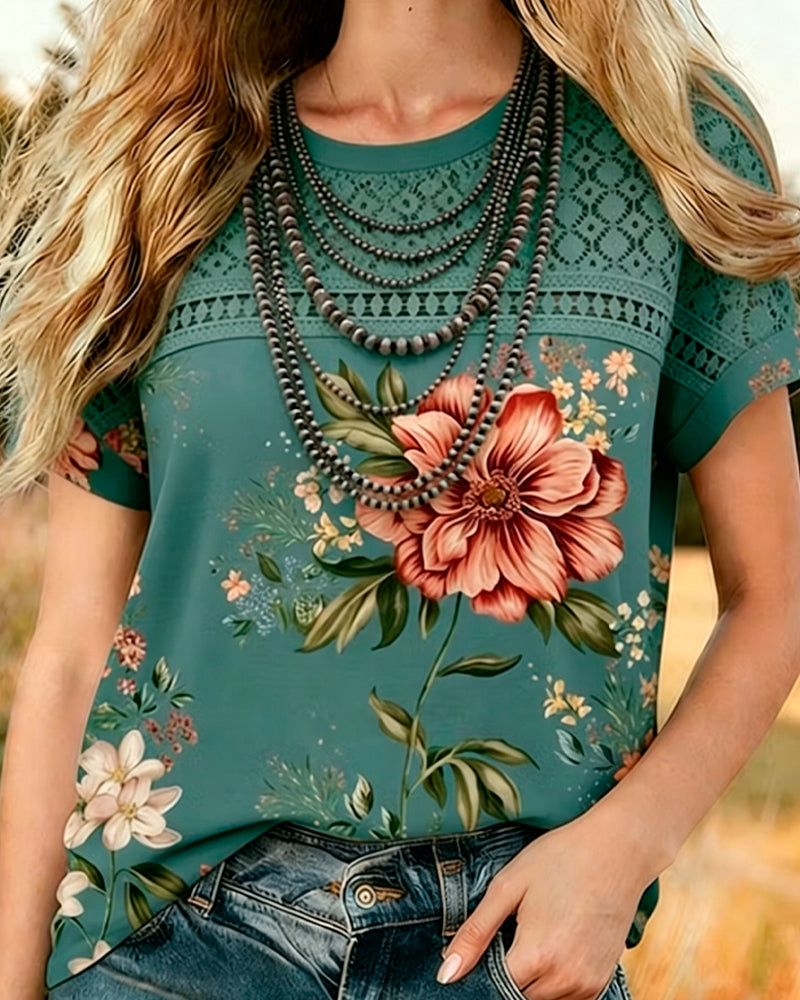 T-Shirt Découpé Patchwork Manches Courtes