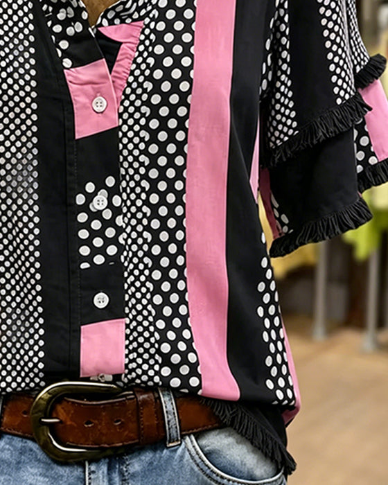Chemise Pois Contraste Patchwork Volant